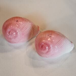 Pink Seashell Ceramic Salt and Pepper Shaker Set, Coastal Beach Ocean Kitchen